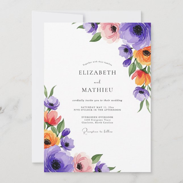 Purple Vibrant Spring Floral Wedding Invitation (Front)
