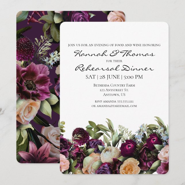 Purple Victorial Elegant Floral Rehearsal Dinner Invitation (Front/Back)