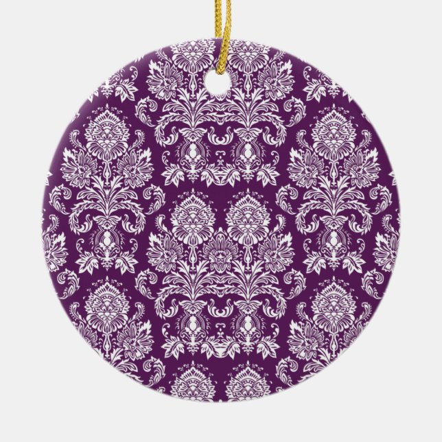 Purple Victorian Damask Ceramic Tree Decoration (Front)
