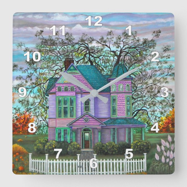 Purple Victorian House Pumpkins Wagon Autumn Square Wall Clock (Front)