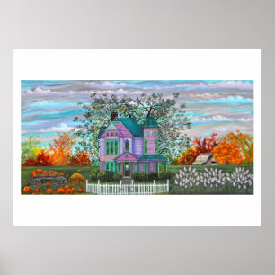 Purple Victorian House Wagon Pumpkins Fall Trees Poster