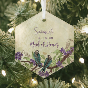 Purple Vintage Bird Maid of Honour Ornaments
