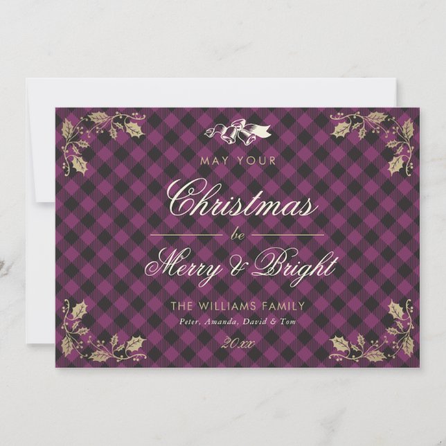 Purple Vintage Buffalo Plaid Photo Christmas Cards (Front)
