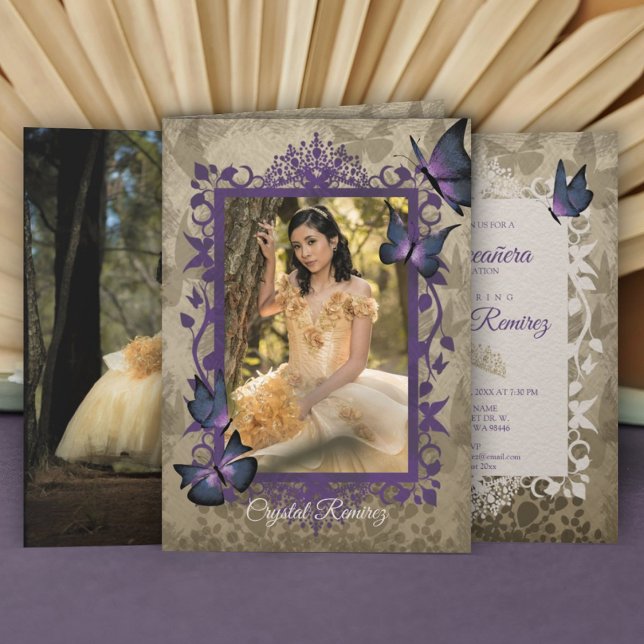 Purple Vintage Butterflies Quinceanera Invitation (vintage fancy purple lavender beige quinceanera invitation fancy vines leaves frame border butterfly)