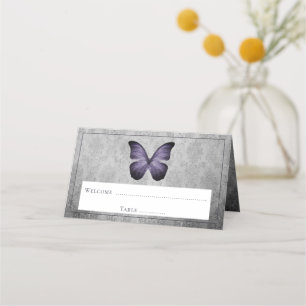 Purple Vintage Butterfly Damask Reception Place Card