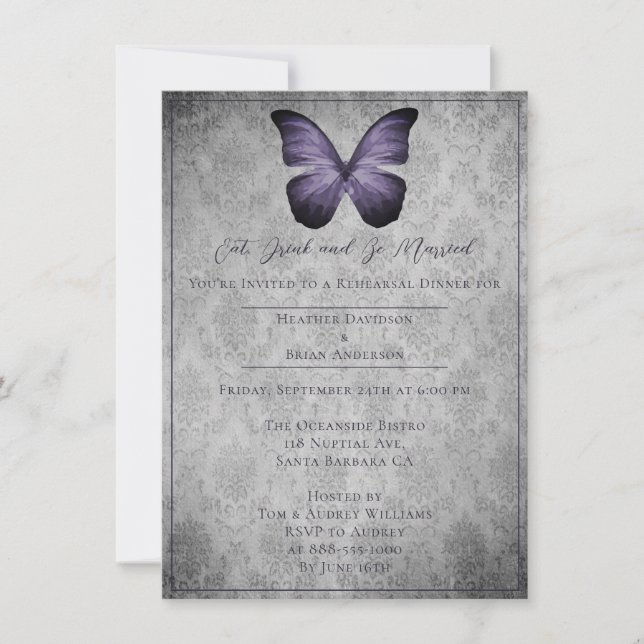 Purple Vintage Butterfly Damask Rehearsal Dinner Invitation (Front)