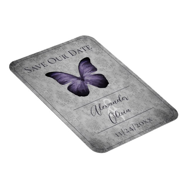 Purple Vintage Butterfly Damask Save the Date Magnet (Right Side)