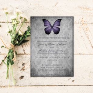 Purple Vintage Butterfly Damask Wedding Invitation