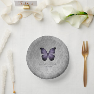 Purple Vintage Butterfly Damask Wedding Paper Plate