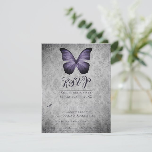 Purple Vintage Butterfly Damask Wedding RSVP (Standing Front)