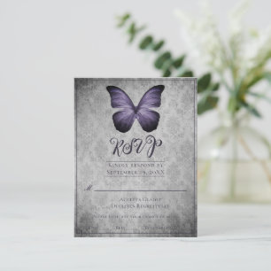 Purple Vintage Butterfly Damask Wedding RSVP Card