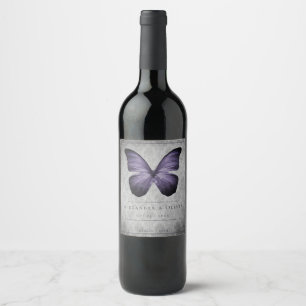 Purple Vintage Butterfly Damask Wedding Wine Label