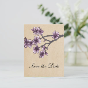 Purple Vintage Cherry Blossoms Save the Date Announcement Postcard