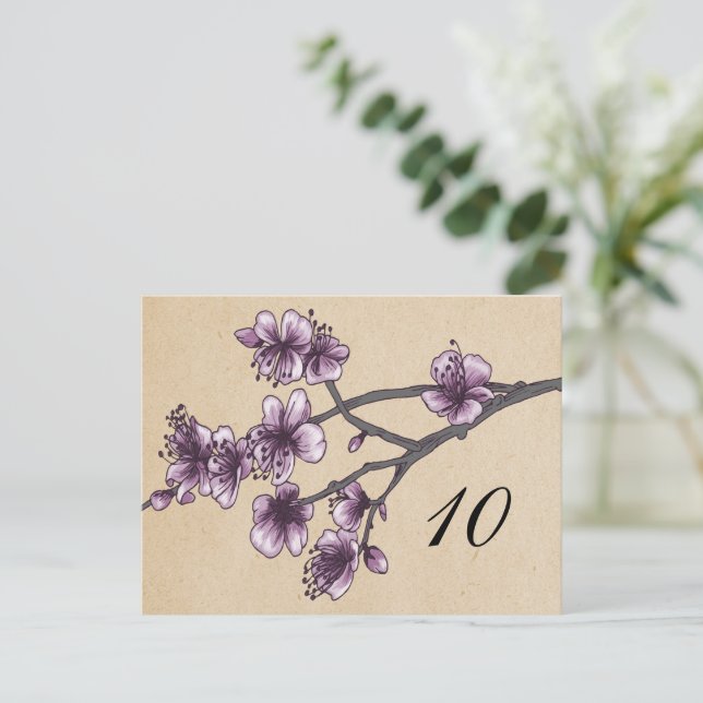 Purple Vintage Cherry Blossoms Table Number Postcard (Standing Front)