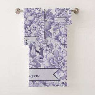 Purple Vintage Chinoiserie Floral Personalised Bath Towel Set