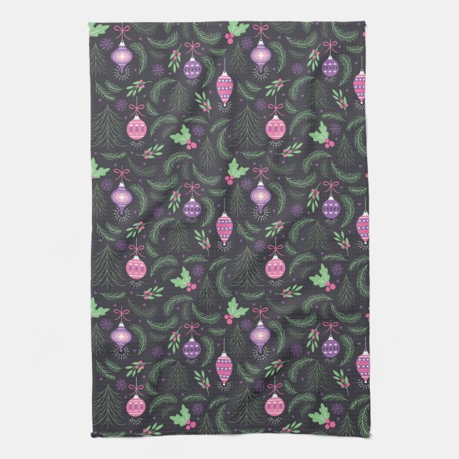 Purple Vintage Christmas Ornament Pattern Tea Towel (Vertical)