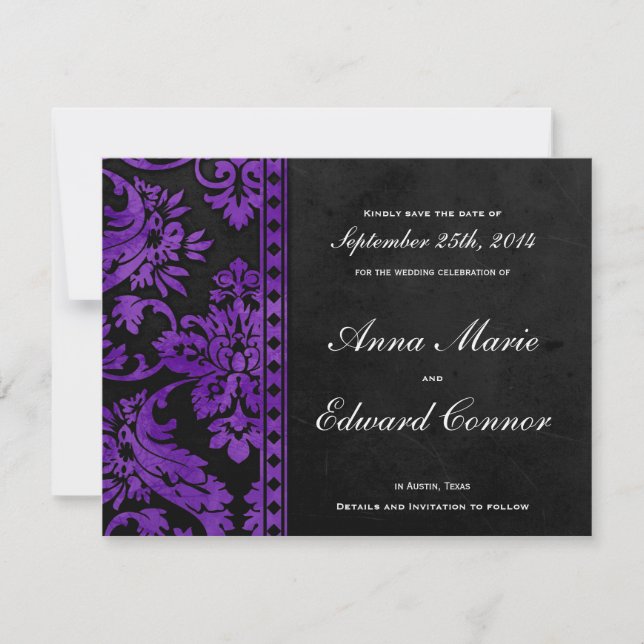 Purple Vintage Damask Lace Save the Date (Front)