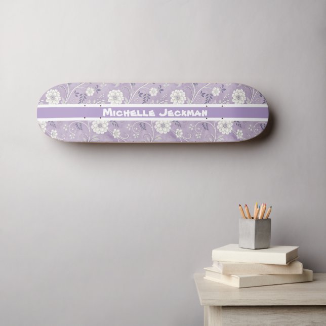 Purple Vintage Floral Custom Name Skateboard (Wall Art (Horz))