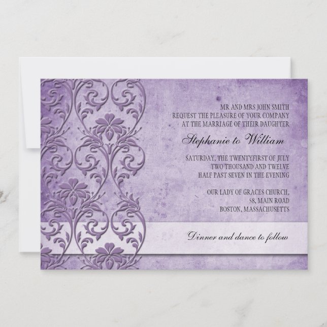 Purple Vintage Floral Swirl Wedding Invitation (Front)