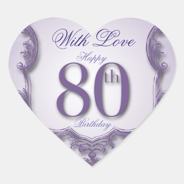 Purple Vintage Frame 80th birthday Heart Sticker (Front)