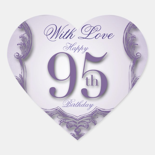 Purple Vintage Frame 95th birthday Heart Sticker (Front)