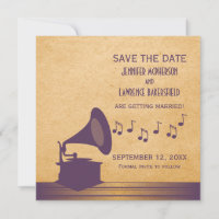 Purple Vintage Gramophone Save the Date Invite