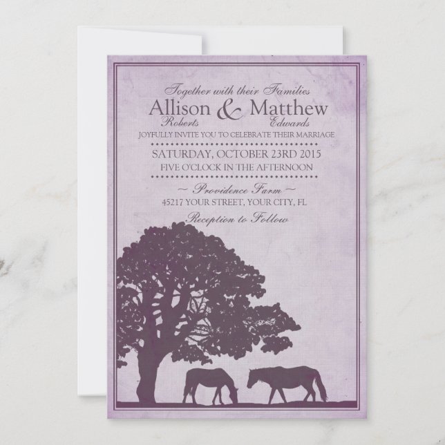 Purple Vintage Horse Farm Wedding Invitation (Front)