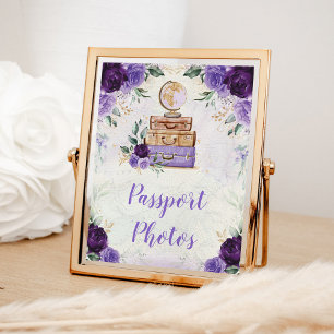 Purple Vintage Map Travel Passport Photos Sign