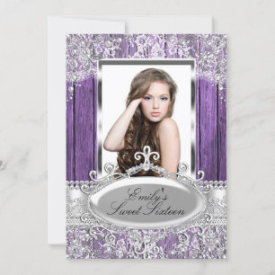 Purple Vintage pearl lace & wood Photo Sweet 16 Invitation