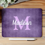 Purple Vintage Pinstripe Retro Lilac Monogram Mouse Pad<br><div class="desc">This design features a vintage pinstripe pattern in purple with pale lilac dashed stripes. Personalise it with your monogram initial in lilac and your name in white retro script.</div>