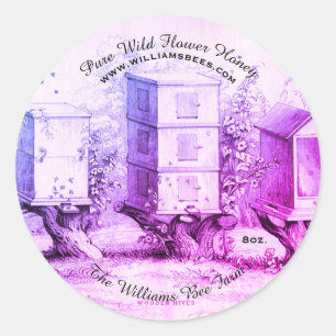 Purple Vintage Round Bee Hives Honey Jar Sticker