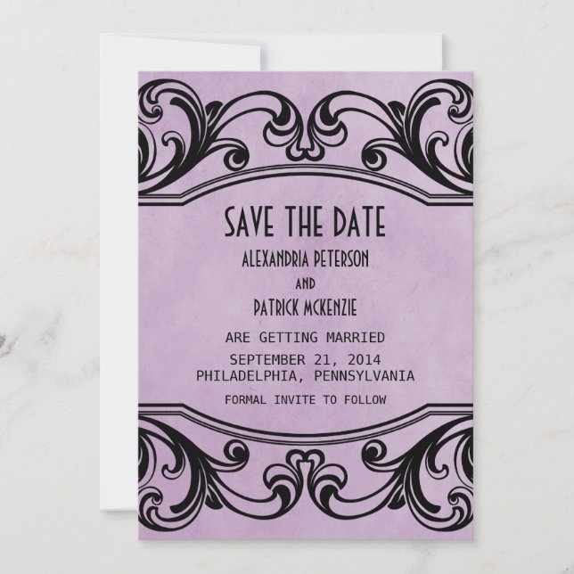 Purple Vintage Swirls Save the Date Invite (Front)