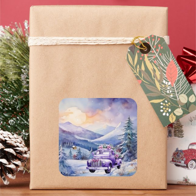Purple Vintage Truck and Mountains Christmas Square Sticker (Holiday)