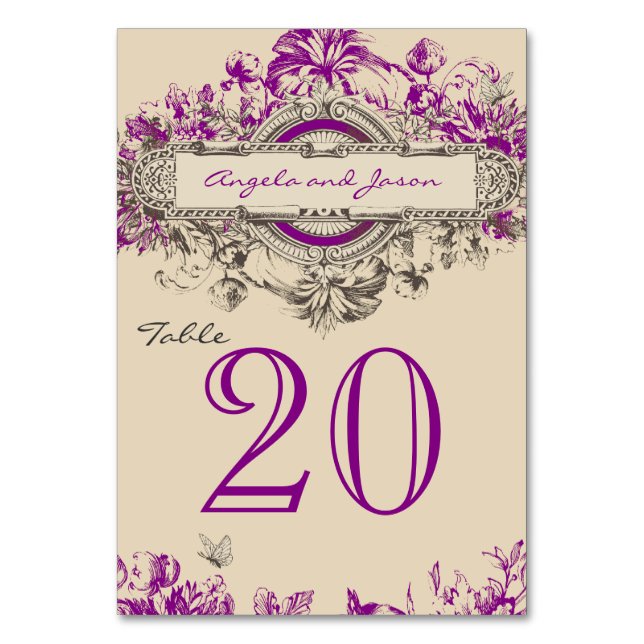 Purple Vintage Wedding Table Number Card (Front)