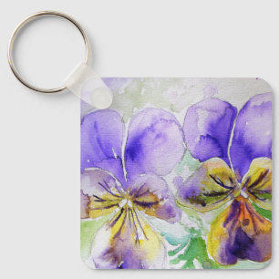 Purple Viola Floral flowers Watercolor Painting Ke Key Ring