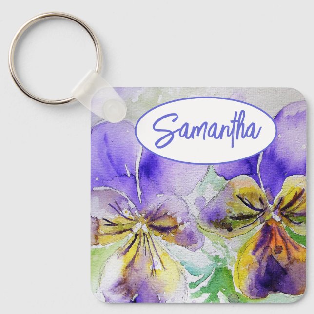 Purple Viola Floral flowers Watercolor Painting  Key Ring (Front)