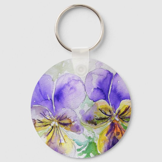 Purple Viola Floral flowers Watercolor Painting Key Ring (Front)