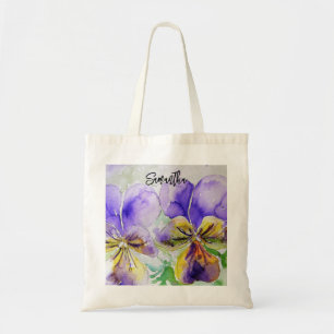 Purple Viola Pansy Pansies Watercolor Painting Tote Bag