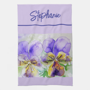 Purple Viola Watercolor Womens Lavender Lilac Tea Towel