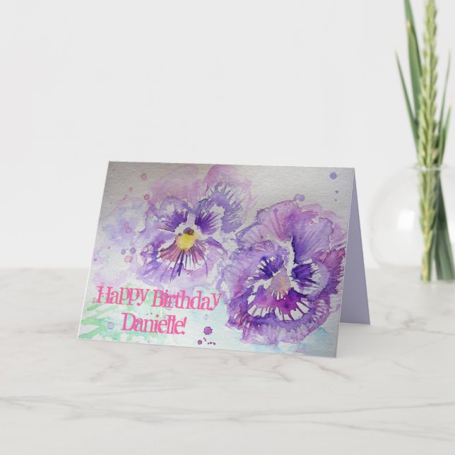 Purple Violas Pansy Watercolour art Birthday Card (Front)