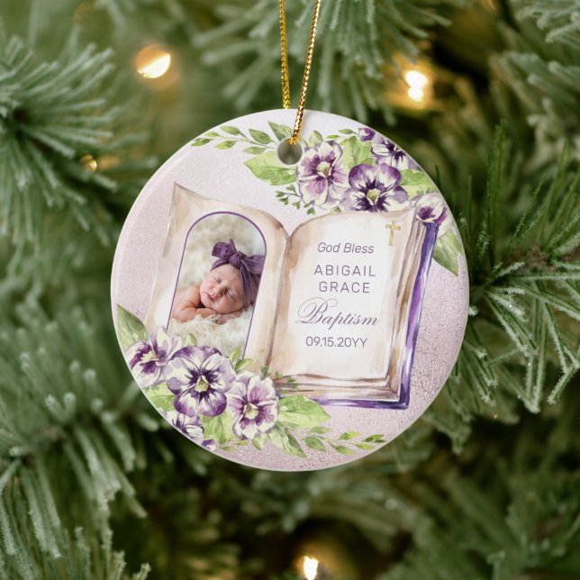 Purple Violet Arched Photo Unique Baptism Keepsake Ceramic Ornament (Tree)