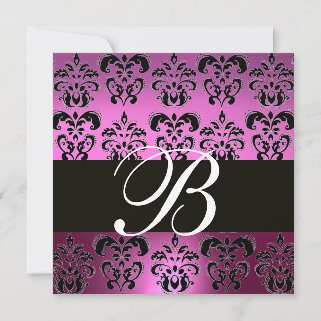 PURPLE VIOLET BLACK DAMASK MONOGRAM ,white, Invitation (Front)
