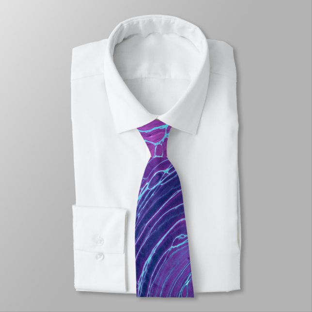 Purple Violet Blue Marbling Acrylic Abstraction Tie (Tied)