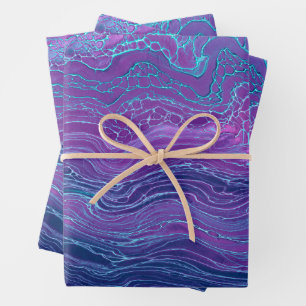 Purple Violet Blue Marbling Acrylic Abstraction Wrapping Paper Sheet