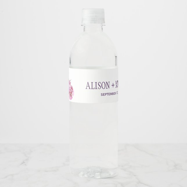 Purple violet blush floral bouquet wedding party water bottle label (Front)