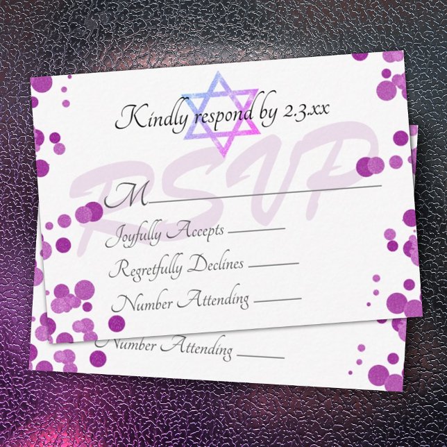 Purple Violet Bubbles Dots Bat Mitzvah RSVP Card (purple shimmery lights bat mitzvah rsvp card, purple bubbles polka dots cute reply enclosure cards )