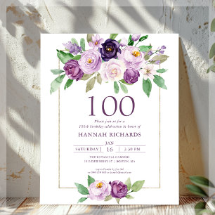 Purple Violet Floral 100th Birthday Invitation