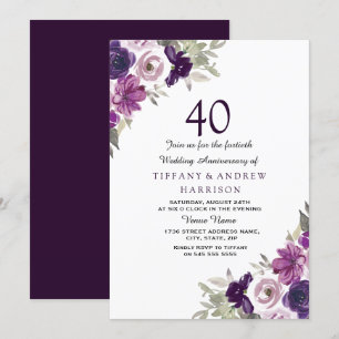 Purple Violet Floral 40th Wedding Anniversary Invitation