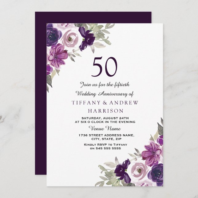 Purple Violet Floral 50th Wedding Anniversary Invitation (Front/Back)