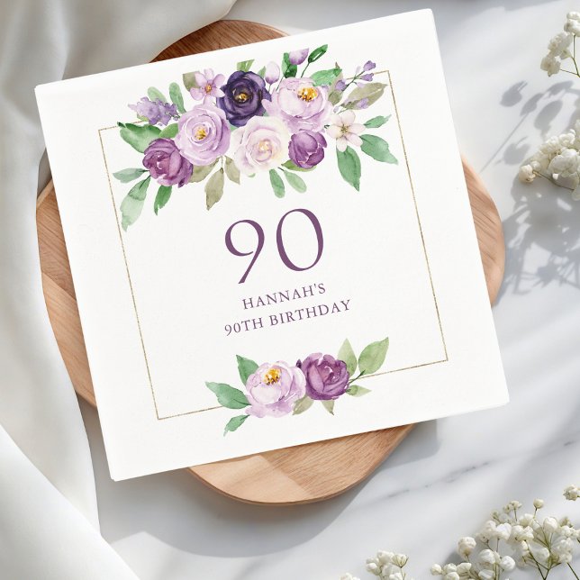Purple | Violet Floral 90th Birthday Napkin (Creator Uploaded)